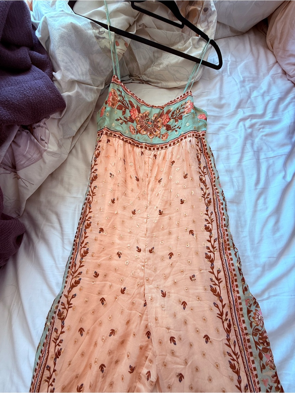 Mint & Peach Floral Embroidered Spaghetti-Strap Dress